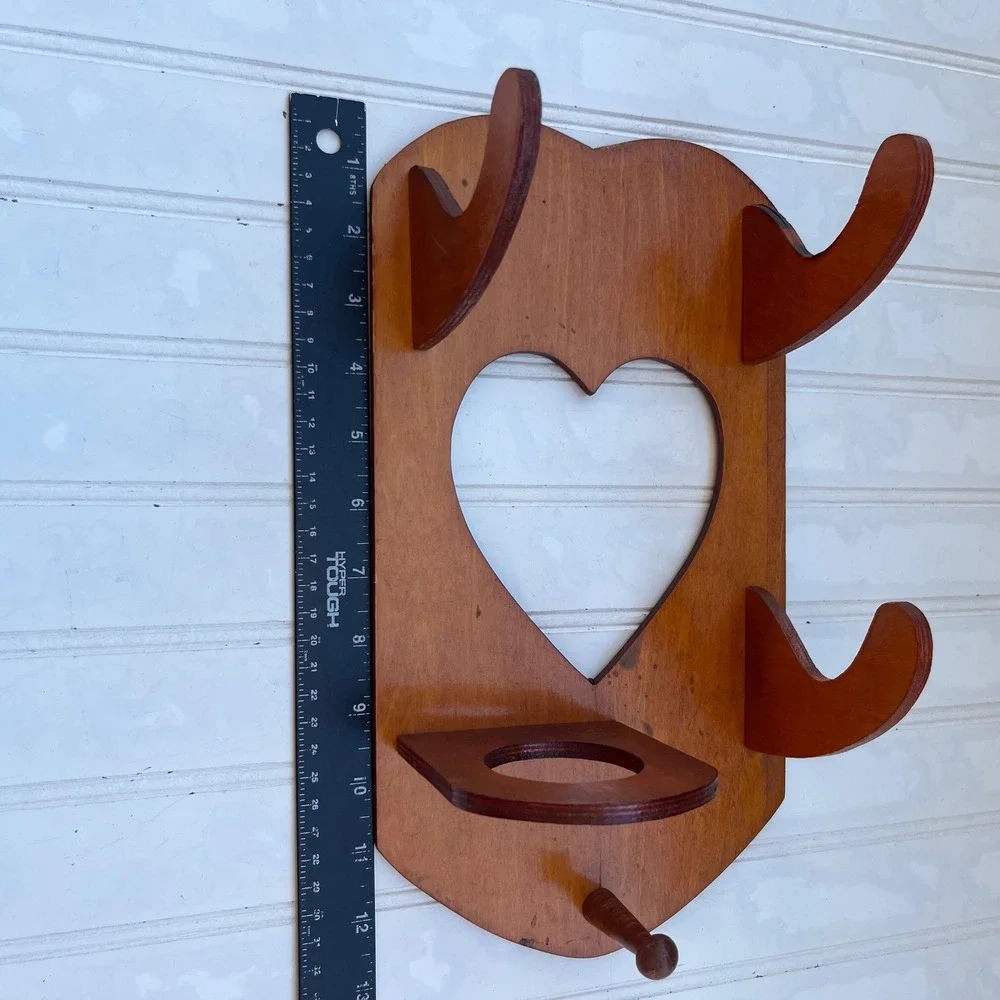 Vintage Heart Cutout Wooden Wall bathroom Rack Hook Shelf Honey Brown Decor